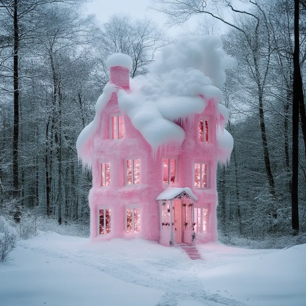 A whimsical, pink house, heavily coated in snow and ice, sits in a snow-covered forest. Icicles hang from its roof and walls, creating a magical, almost surreal winter scene.  Warm light glows from the windows, illuminating the interior. The scene is peaceful and evokes a sense of childlike wonder and fantasy.  The contrast between the vibrant pink house and the muted tones of the winter landscape is striking.