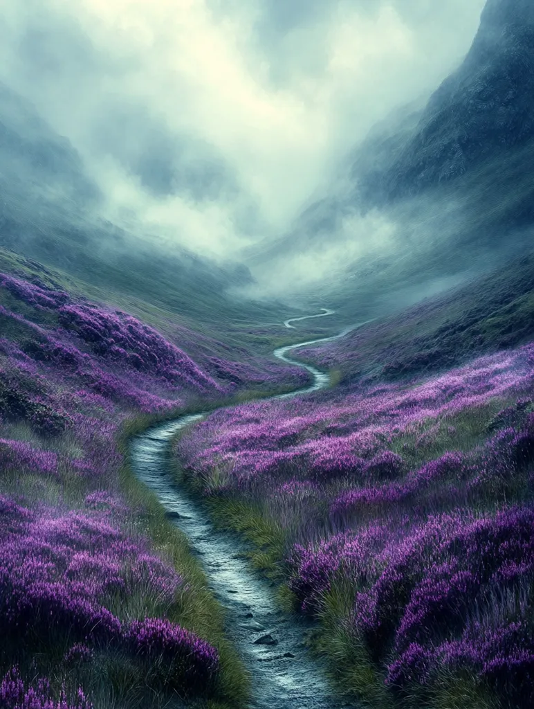 A winding path meanders through a vibrant field of purple heather, nestled within a misty mountain valley.  The soft, ethereal light and fog create a dreamlike atmosphere.  Dark, imposing mountains rise on either side, shrouded in a veil of mist, adding to the mystical and serene ambiance of the scene. The path invites the viewer on a journey into the heart of this enchanting landscape.