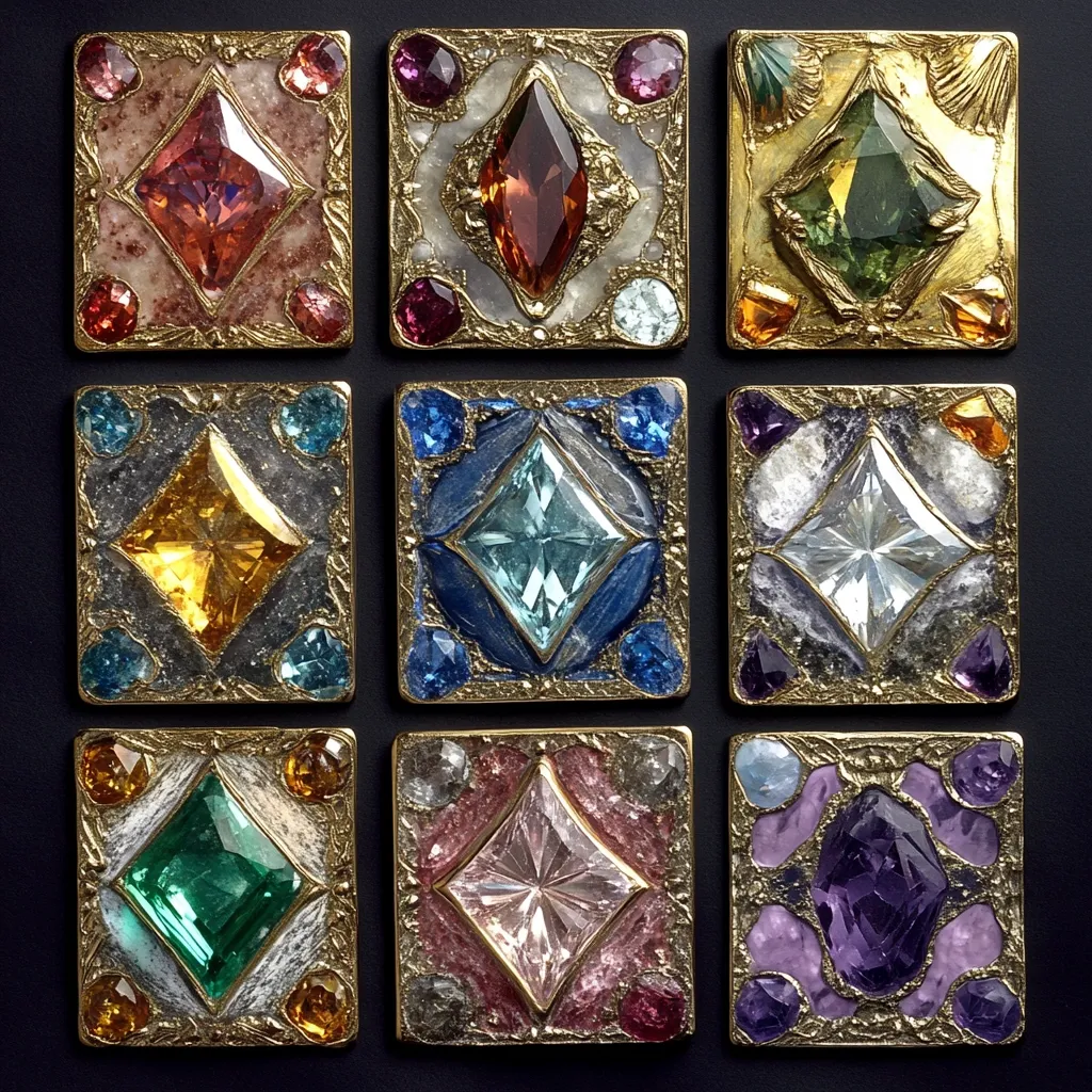 Nine square, gold-framed panels showcase a variety of gemstones. Each panel features a central, large gemstone in a diamond shape, surrounded by smaller stones and an intricate, textured background.  The colors and types of stones vary, including deep reds, vibrant greens, blues, and purples, set in different colored matrices, creating a striking collection of miniature works of art.  The overall style suggests a high level of craftsmanship and attention to detail.