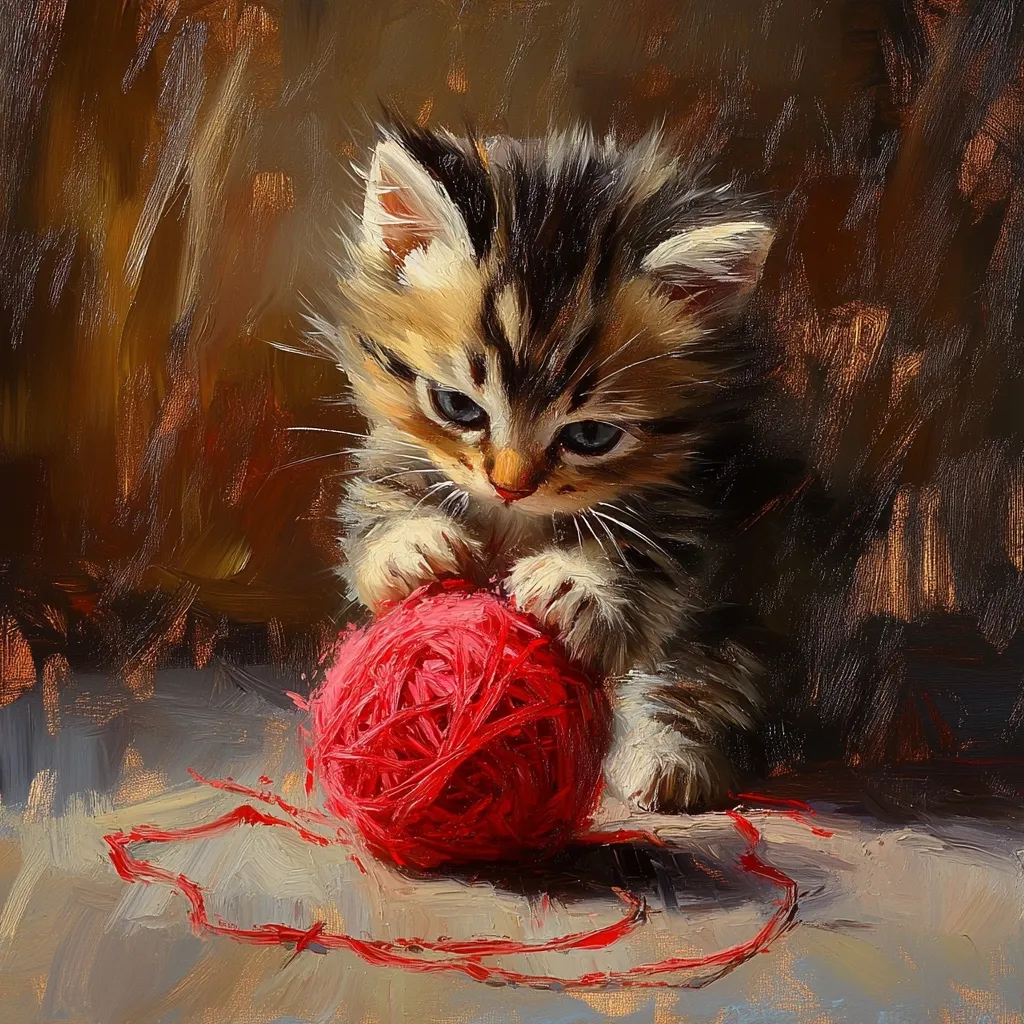 Here's a description of the image:

The painting showcases a charming tabby kitten engrossed in a ball of bright red yarn. The kitten, with its soft fur and intense blue eyes, is captured in a moment of playful concentration as its paws delicately grasp the yarn. The artist's impasto technique creates a textured, almost three-dimensional effect, particularly noticeable in the kitten's fur and the yarn's strands. The warm, earthy tones of the background contrast beautifully with the vibrant red of the yarn, drawing the viewer's eye to the kitten's focused expression. The overall mood is one of gentle curiosity and quiet charm.
