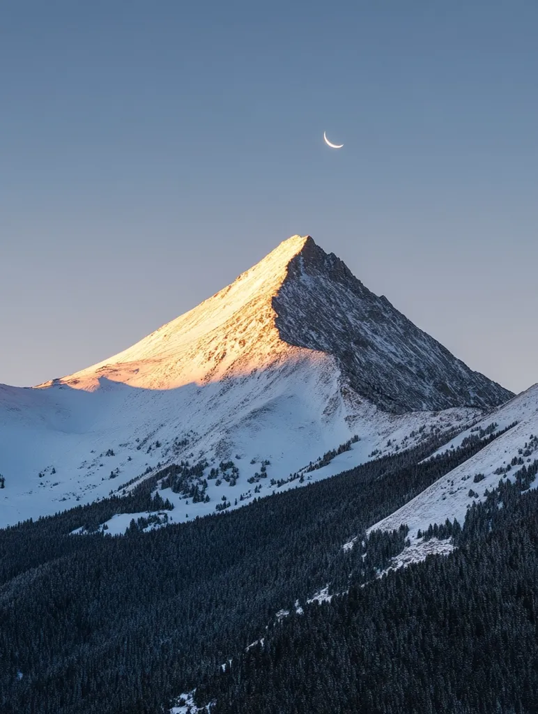 A majestic snow-capped mountain peak dominates the frame, bathed in the warm glow of sunrise.  The mountain's sharp, triangular form contrasts with the soft, dark green of the dense evergreen forest covering its lower slopes. A crescent moon hangs serenely in the clear, pale blue sky above, completing a serene and picturesque landscape. The scene evokes a sense of tranquility and the vastness of nature.