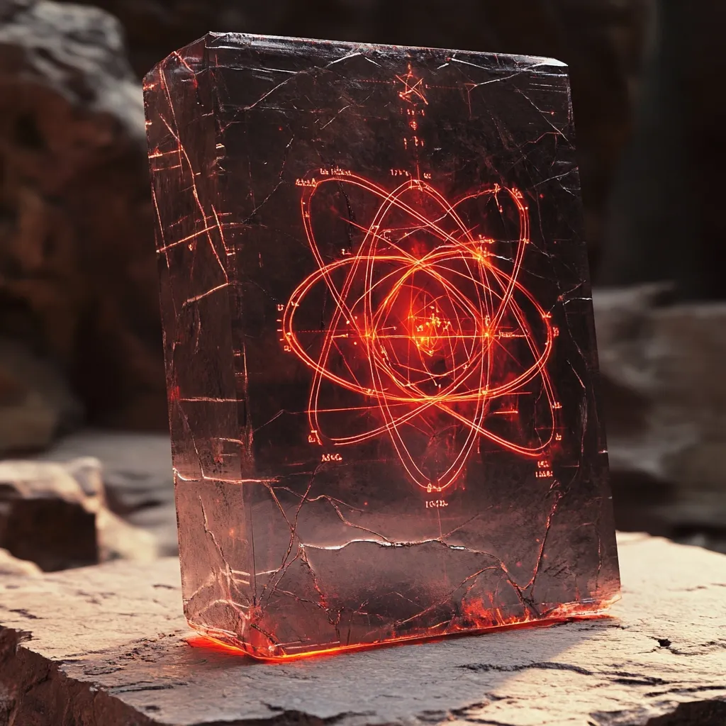 A dark, rectangular block of what appears to be obsidian or a similar dark, translucent material rests on a rough, stone surface.  Imbedded within the block is a glowing, orange diagram resembling a Bohr model of an atom.  The diagram is detailed, with various lines and notations visible around the central nucleus.  The overall impression is one of scientific discovery, perhaps a powerful artifact or a contained element. The lighting emphasizes the block's textured surface and the atom's fiery glow.