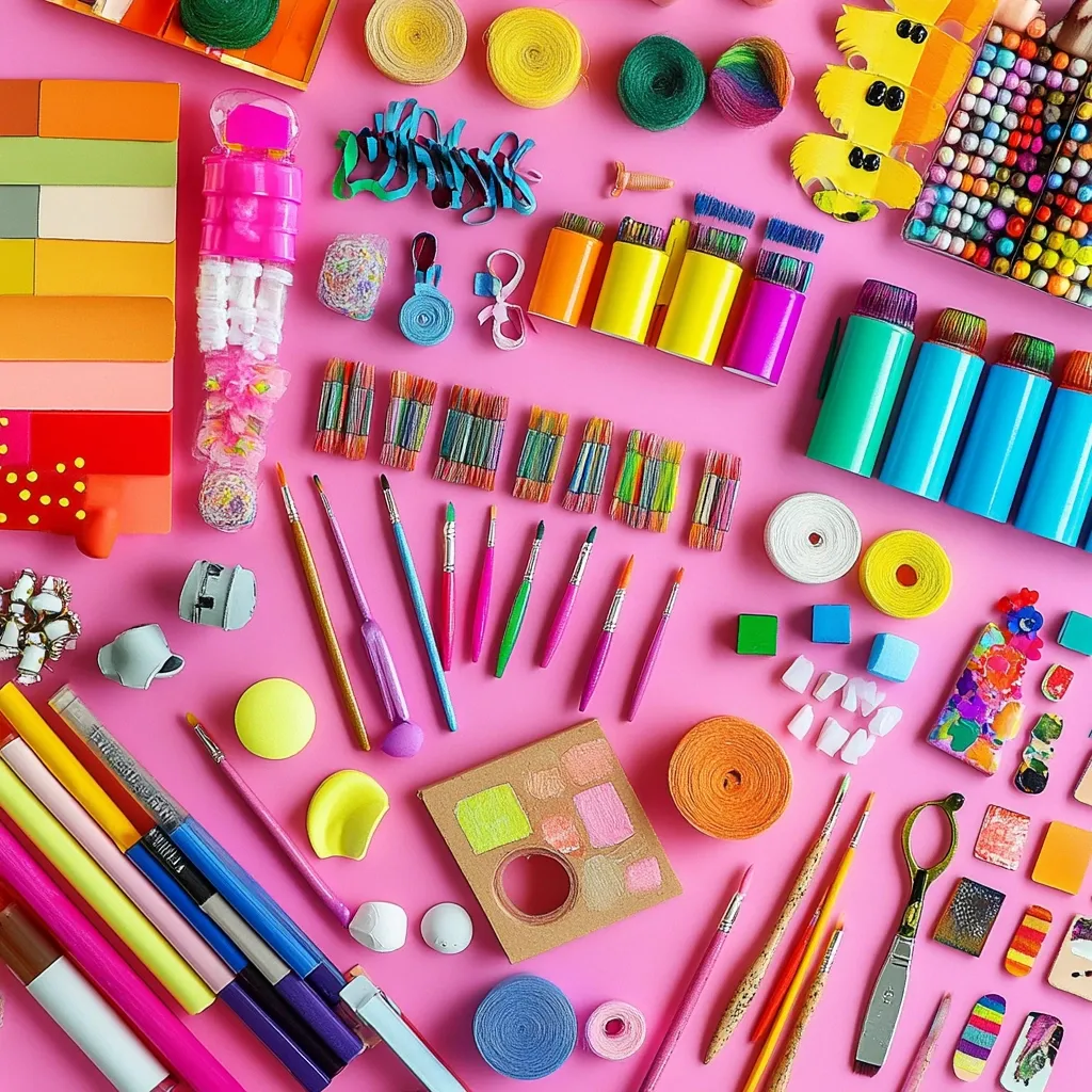 A vibrant flat lay showcases an array of colorful art supplies on a pink background.  The scene bursts with paintbrushes of various sizes and hues, alongside bright markers, rolls of colorful ribbon and paper, small containers of paint, and various craft components.  Small, colorful blocks, beads, and other decorative elements are scattered amongst the larger items, creating a playful and creative composition. The overall impression is one of joyful artistic expression.