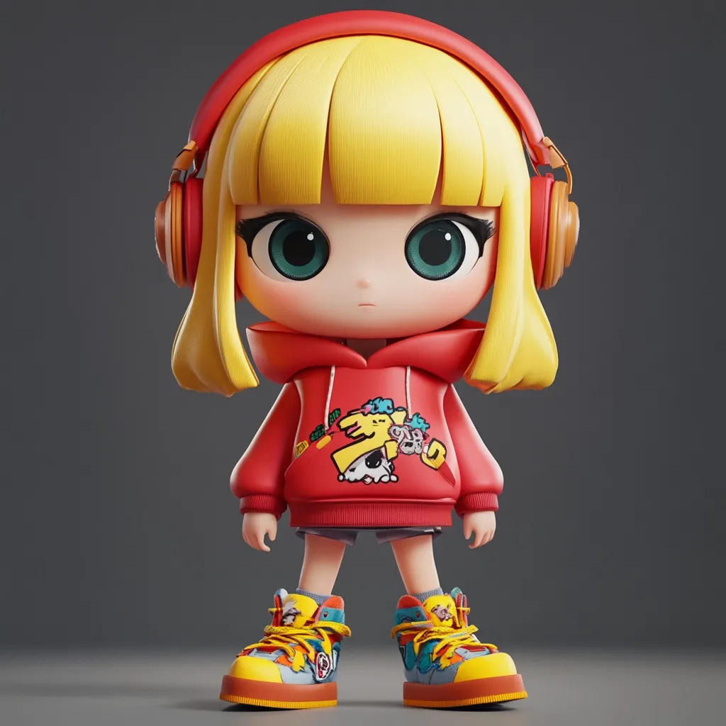 Here's a description of the image:

The image shows a 3D-rendered model of a cute, stylized girl. She has large, expressive green eyes, short blonde hair styled in bangs, and is wearing oversized red headphones.  Her attire consists of a red hoodie adorned with a colorful, cartoonish graphic design and brightly colored high-top sneakers. The overall style is reminiscent of anime or kawaii aesthetics, with a focus on exaggerated features and vibrant colors. The girl's expression is somewhat serious or pensive. The background is a simple, neutral gray.