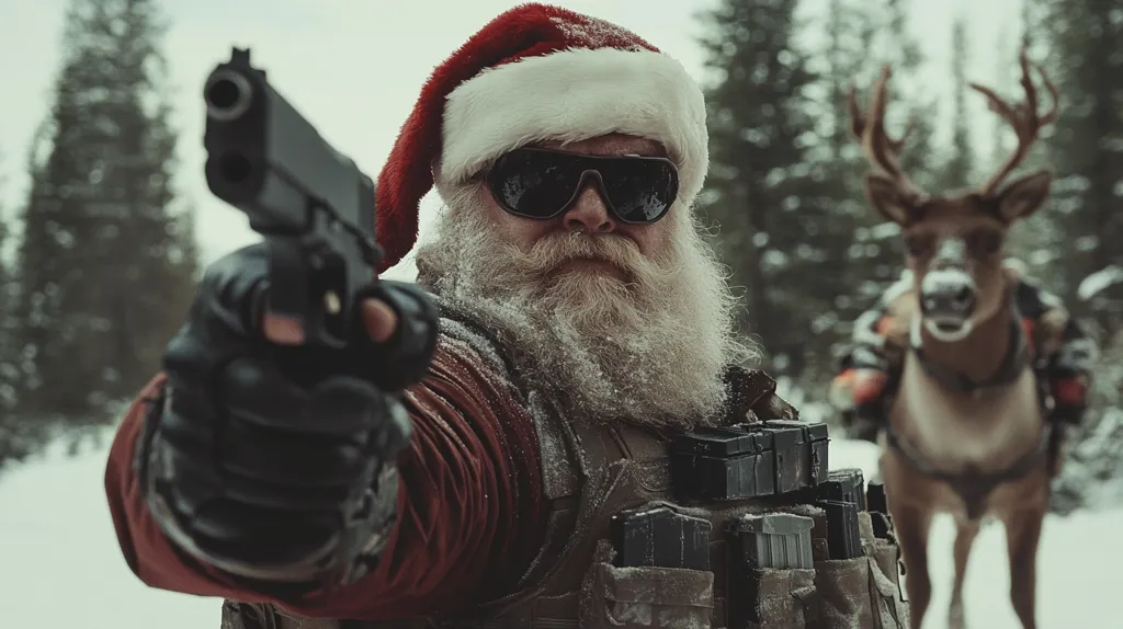A snow-covered Santa Claus, wearing tactical gear and sunglasses, points a handgun at the viewer.  His beard is frosted, and he's dressed in a red jacket over a bulletproof vest with extra magazines. A reindeer, slightly out of focus, stands behind him in a snowy wooded area. The image juxtaposes the traditional Christmas imagery with a militaristic aesthetic.