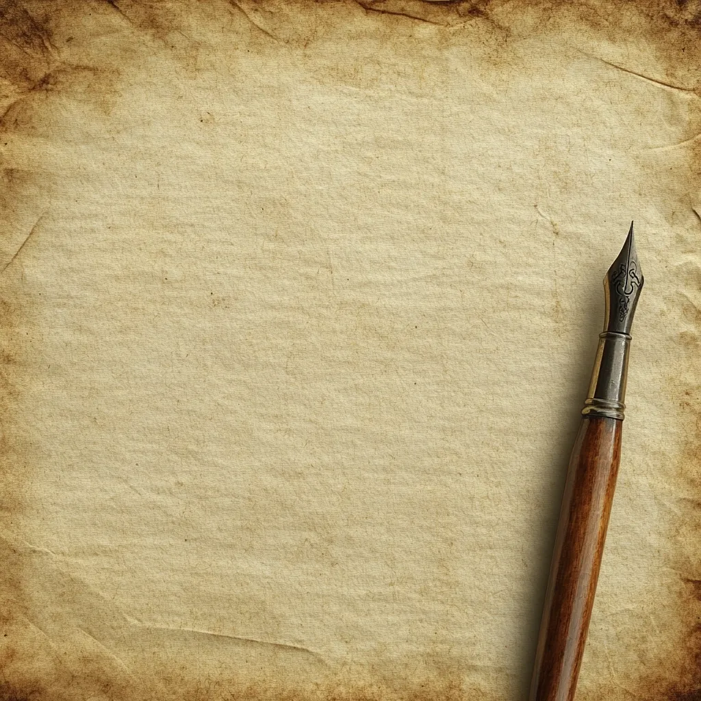 Here's a description of the image:

The image shows a sheet of aged, textured paper, creamy beige with darker brown edges suggesting age and wear.  The paper is slightly crumpled, giving it a vintage feel.  Resting on the lower right corner is an antique-style fountain pen with a dark brown wooden barrel and metallic nib, ornate with small decorative details. The overall composition evokes a sense of nostalgia and classic writing.  The blank space of the paper invites the viewer to imagine the words that might be written.