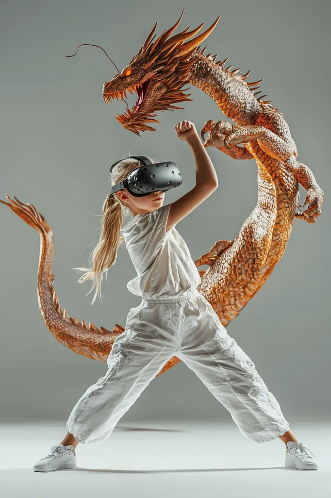 A young girl, wearing a white jumpsuit and VR headset, strikes a martial arts pose.  Behind her, a large, intricately detailed golden dragon curls around, adding a fantastical element to the scene. The girl's determined expression and dynamic pose suggest she's actively engaged in a virtual reality experience, possibly a combat game. The contrast between the modern technology and the mythical creature creates a striking visual. The gray background emphasizes the girl and the dragon.