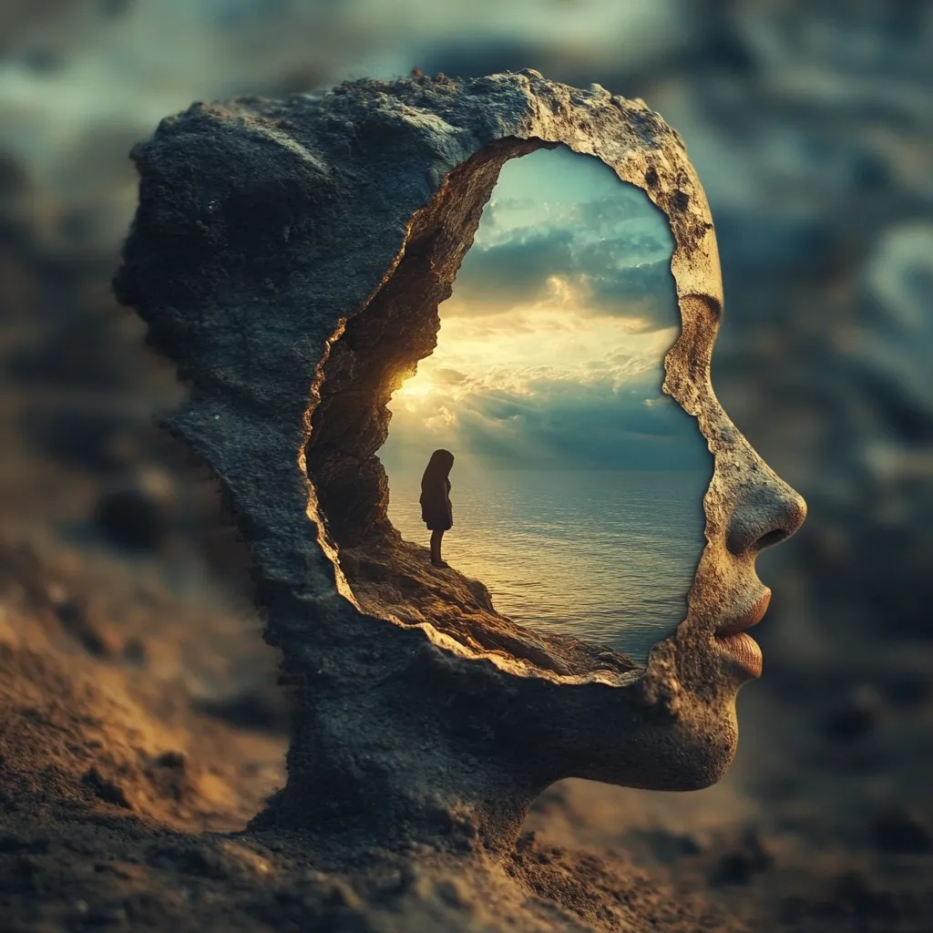 A surreal image depicts a woman's face sculpted from dark, rough stone.  A cave-like opening in the stone reveals a breathtaking seascape at sunset, where a solitary figure stands on a cliff. The contrast between the hard, stony exterior and the serene, expansive interior evokes a sense of inner peace and contemplation, hinting at the vastness of the human mind and its capacity for both darkness and beauty.  The overall effect is dreamlike and intensely evocative.