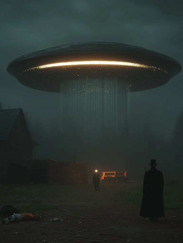 A large, dark spaceship hovers above a misty rural landscape, illuminated by a bright, circular light.  Rain, or perhaps energy, streams down from the craft. Below, two figures, one in a suit and the other in a long black coat and top hat, stand near a small, orange vehicle.  The scene is shrouded in a dark, ominous atmosphere, suggesting a mysterious or potentially sinister event.  A sense of unease pervades the image, amplified by the fog and the seemingly abandoned setting.