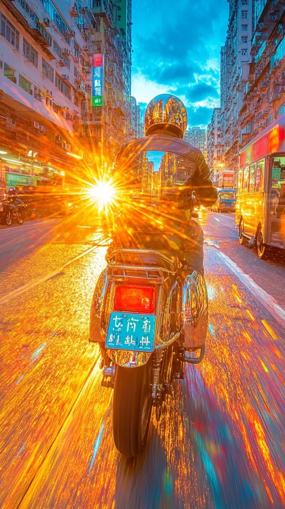A motorcyclist rides through a vibrant Hong Kong street at sunset. The image is saturated with warm, golden light, creating a starburst effect around the rider.  Tall, densely packed buildings line the street, and a bus is visible in the background. The motorcycle's license plate displays Chinese characters. The scene is dynamic, showcasing the energy of the city and the beauty of the setting sun.