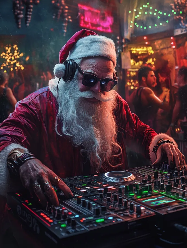 A cool Santa Claus, sporting headphones and sunglasses, is shown DJing at a vibrant nightclub.  His traditional red suit contrasts with the dark, energetic atmosphere. He expertly manipulates a professional mixing console, surrounded by a blurry yet lively crowd.  The scene blends festive Christmas imagery with a modern, edgy club setting, creating a unique and captivating image.  Neon lights and Christmas decorations add to the overall festive, yet unconventional atmosphere.