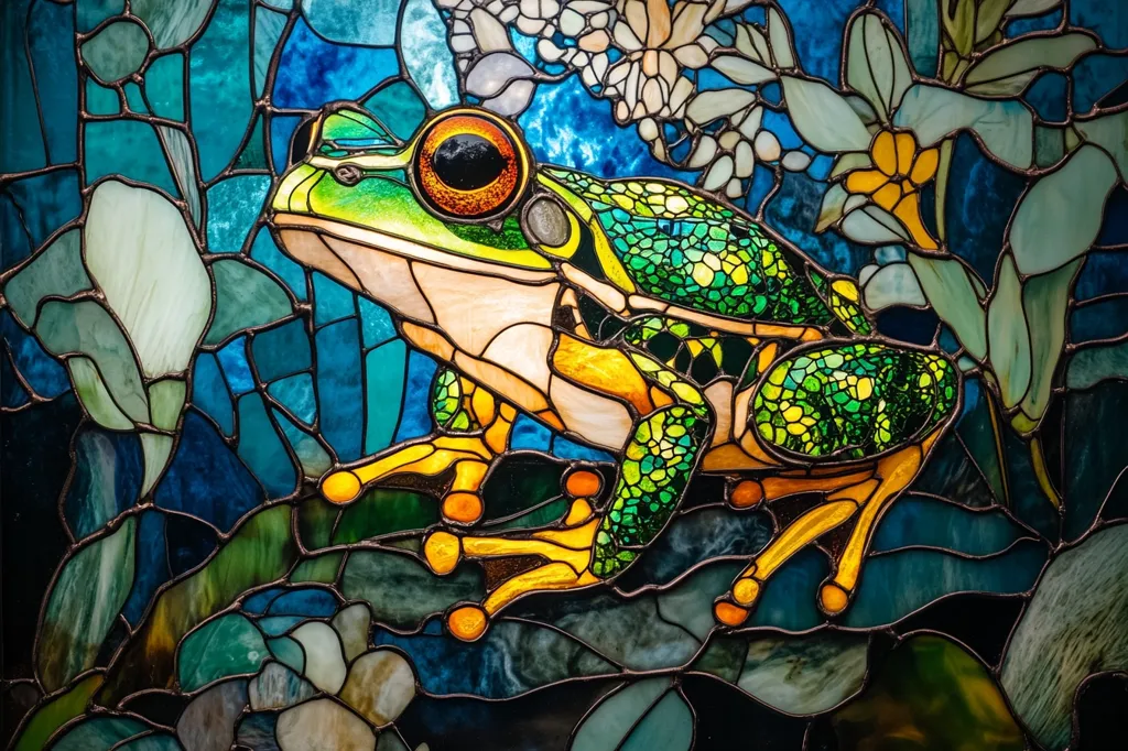 A vibrant stained-glass artwork depicts a frog in vivid greens, yellows, and oranges, perched amidst stylized floral elements.  The frog's skin texture is meticulously rendered in small, colorful glass pieces.  The background features a rich blue and teal palette, suggesting water or foliage.  The overall style is reminiscent of Art Nouveau, with flowing lines and organic forms.  The piece displays masterful craftsmanship in the selection and arrangement of the glass.
