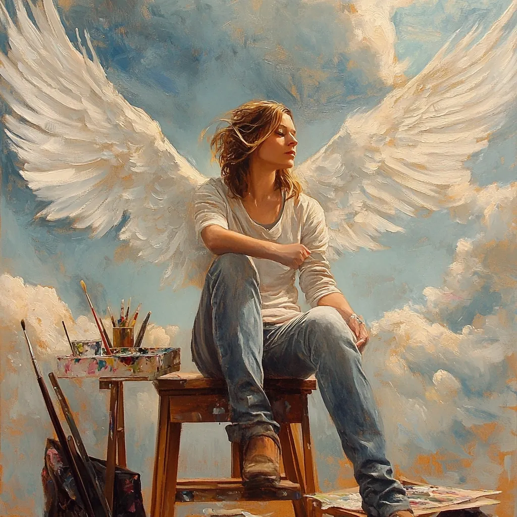 A serene woman, depicted with large, white wings, sits thoughtfully on a wooden stool against a backdrop of a bright, cloudy sky.  She's dressed in jeans and a white long-sleeved shirt, her arms crossed.  Paintbrushes and a paint palette rest on a nearby easel, suggesting an artistic inclination. The style is painterly and evocative, blending realism with a fantastical element. The overall mood is peaceful and contemplative.