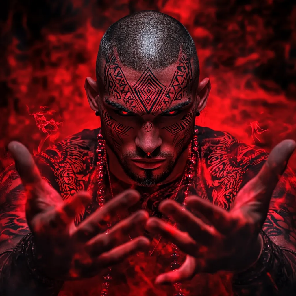 A close-up shot depicts a heavily tattooed man with a shaved head, his face adorned with intricate, red tribal markings. His intense gaze is directed at the viewer. He is surrounded by a fiery red haze, his hands outstretched, seemingly manipulating the mystical energy. The overall effect is one of power, mystery, and a dark, almost demonic aesthetic.  He wears a beaded necklace and dark bracelets. The red tones dominate the image, enhancing the dramatic atmosphere.