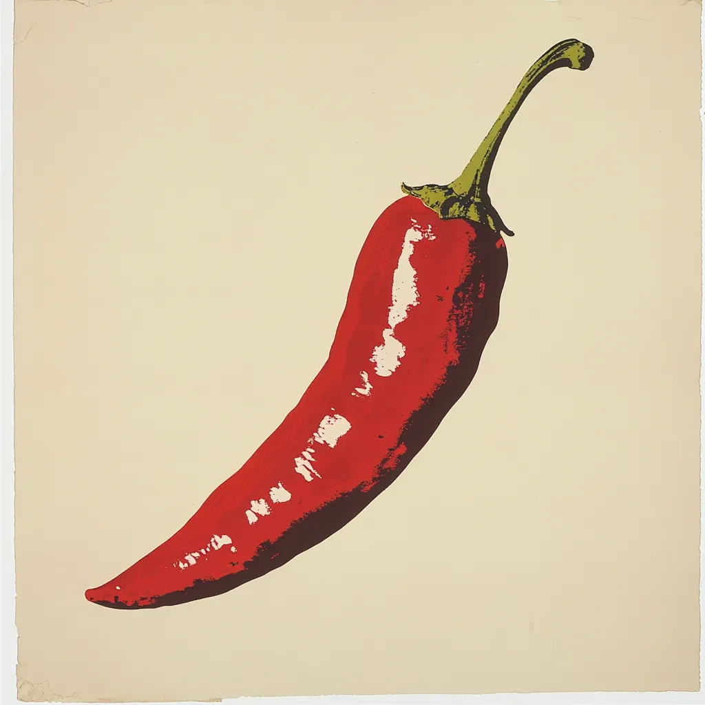The image is a stylized depiction of a single red chili pepper against a pale beige background. The pepper is depicted in a bold, slightly abstract manner, with areas of varying shades of red and touches of dark brown and cream.  The stem is a muted green. The overall style suggests a print, possibly a silkscreen or lithograph, with a focus on simplified forms and strong color contrasts. The composition is simple and direct, with the pepper angled dynamically across the frame.