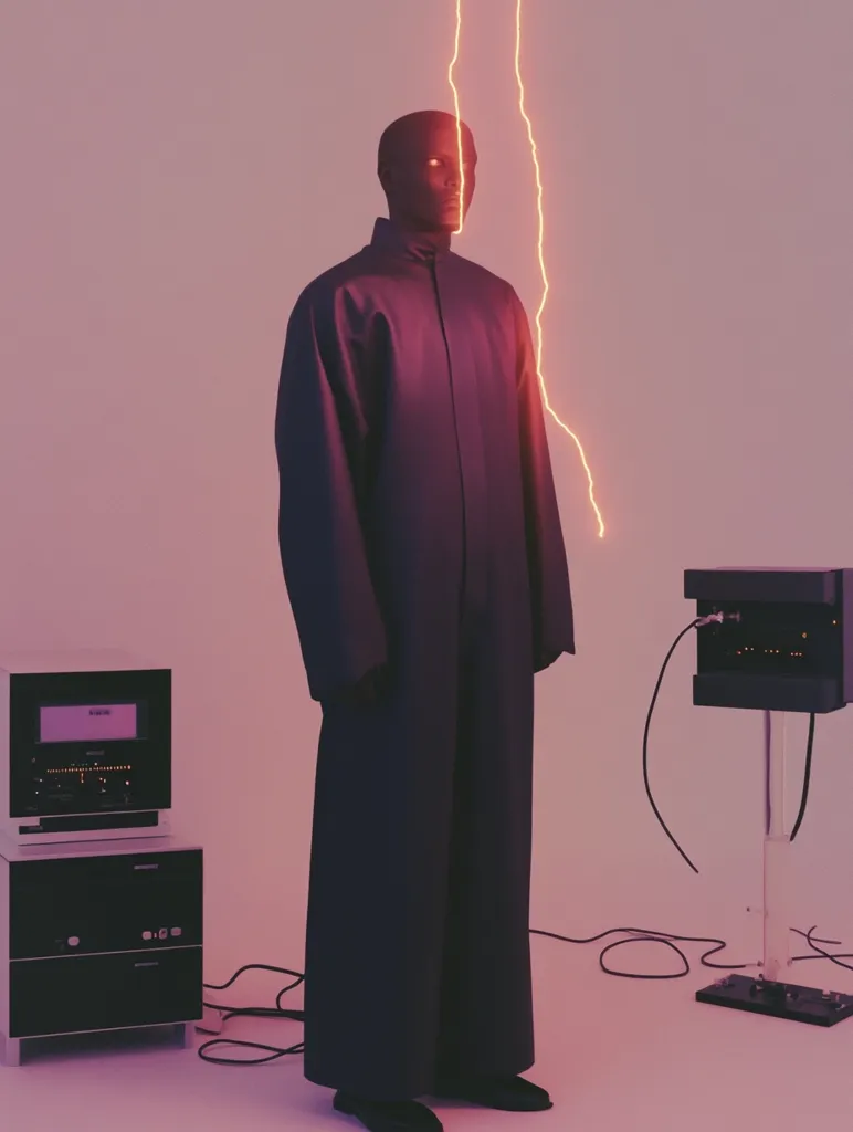 Here's a description of the image:

The image showcases a mannequin dressed in a long, dark, collared overcoat and trousers.  The mannequin is bald and has a neutral expression. Two streaks of simulated lightning in orange illuminate the scene, seemingly originating from above. The backdrop is a muted pinkish-purple.  In the background, to the left, there's what appears to be vintage audio equipment on a cabinet, and a similar device on a transparent stand to the right. The overall aesthetic is minimalist and slightly dystopian, with a focus on the stark figure against the minimalist set.  The lighting and color palette enhance the moody atmosphere.