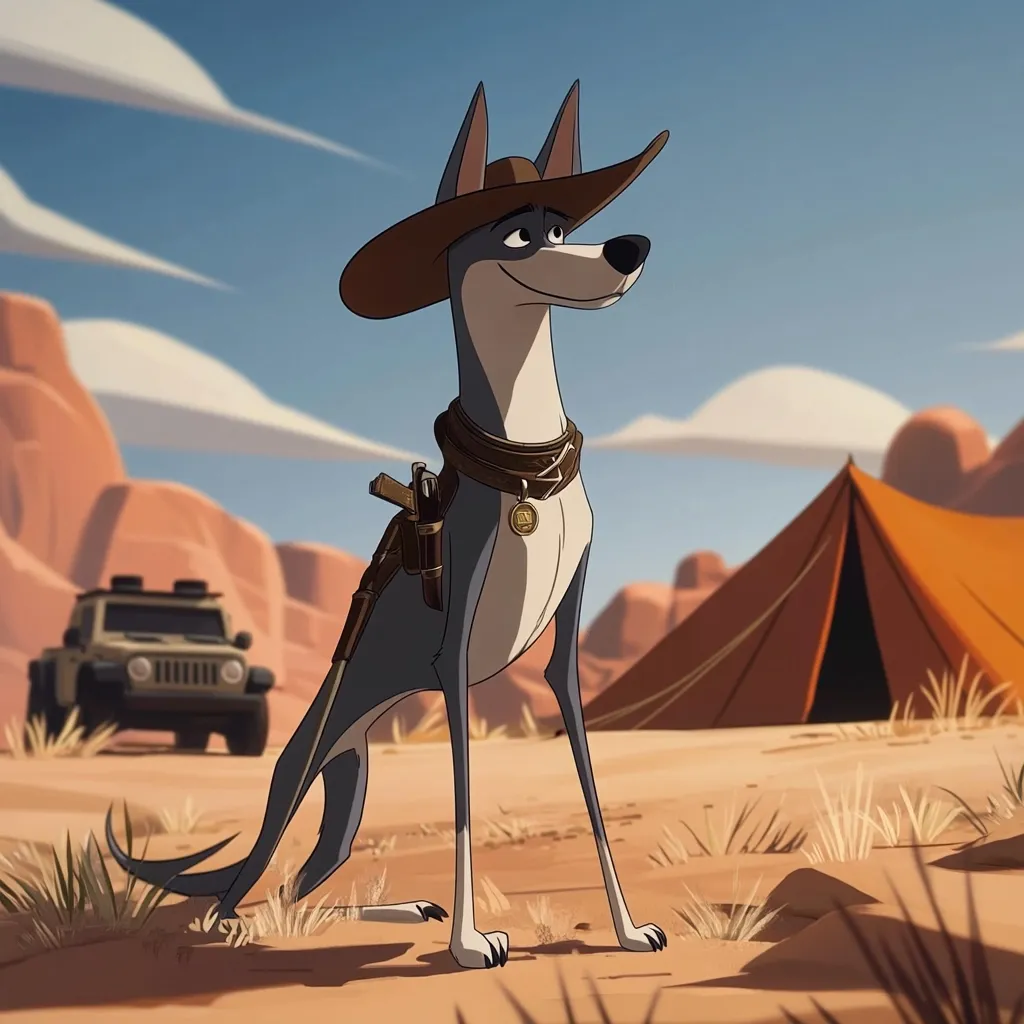 The image depicts an animated greyhound dog, wearing a brown cowboy hat and a leather collar with a medallion.  A holster with a long gun is strapped to its side.  The dog sits confidently in a desert landscape, with a Jeep and orange tent visible in the background.  The style is cartoonish yet detailed, suggesting a western or adventure setting. The overall mood is calm and slightly adventurous.