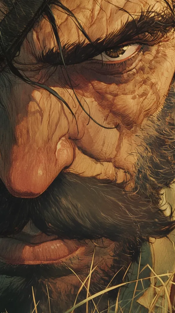 Close-up view of a man's face, possibly a character illustration.  His expression is intense, almost angry, with a narrowed, focused eye. He has a thick, dark beard and mustache, and deeply etched wrinkles suggest age and hardship.  His large nose and strong jawline accentuate a weathered, rugged appearance.  The style is painterly, with visible brushstrokes, and the background hints at dry grass or stalks. The overall mood is one of serious determination or defiance.