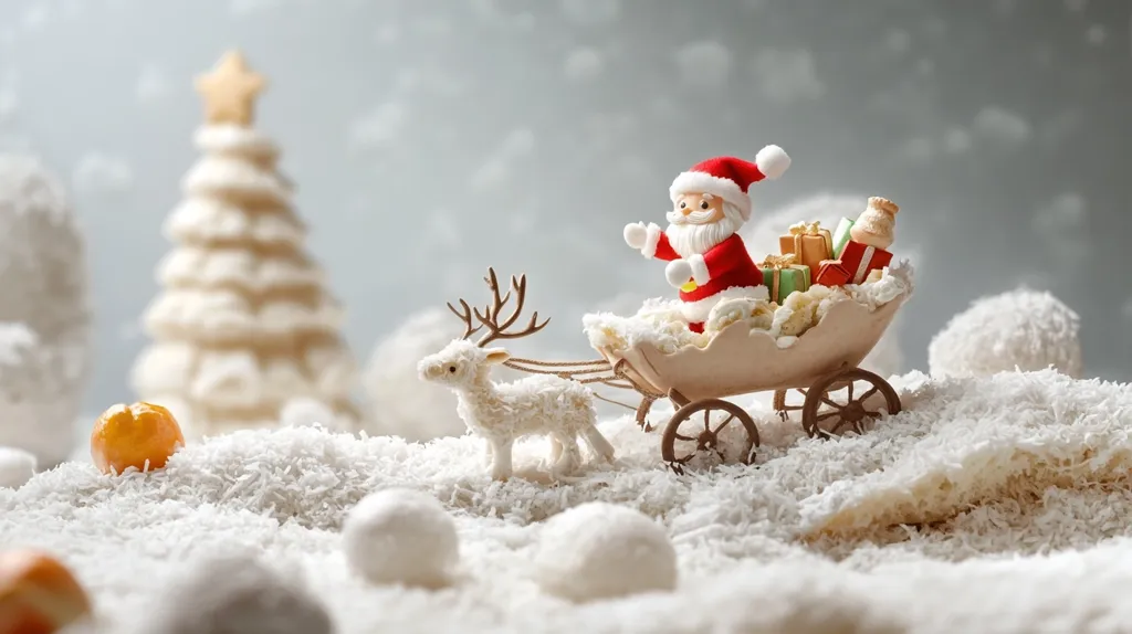 A miniature Santa Claus, riding in a small wooden cart pulled by a reindeer, is nestled in a snowy scene.  The cart is overflowing with presents.  The setting is crafted from shredded coconut, resembling snow, with decorative white snowballs and a blurred, off-white Christmas tree in the background.  Small orange candies add a pop of color to the whimsical winter tableau.