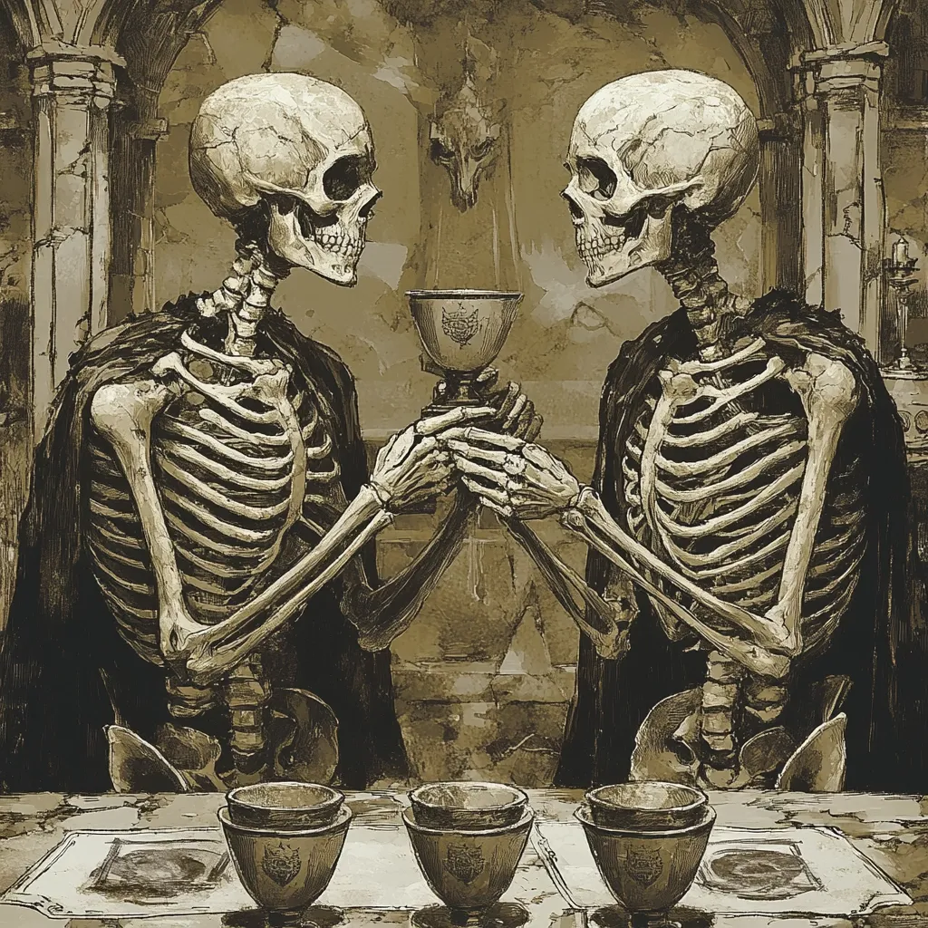 Two skeletal figures, cloaked and seated at a table, share a goblet.  The sepia-toned artwork depicts them in a dimly lit, stone chamber, possibly a crypt or ancient hall.  A skull-like decoration hangs on the wall behind them. Three small cups sit on the table before the skeletons, adding to the somber, almost ritualistic, atmosphere.  The detailed skeletal structures are the focal point, highlighting their anatomical accuracy against the textured background.