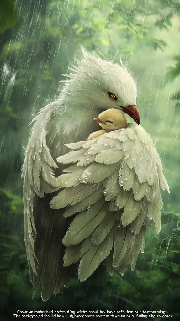 A digital painting shows a mother bird, white with soft, feathery wings, sheltering her small, yellow chick under her wings.  Rain falls gently on them, creating a soft, ethereal atmosphere. The background is a lush, hazy forest, with the rain adding depth and mystery to the scene. The overall tone is serene and protective, emphasizing the bond between mother and child.