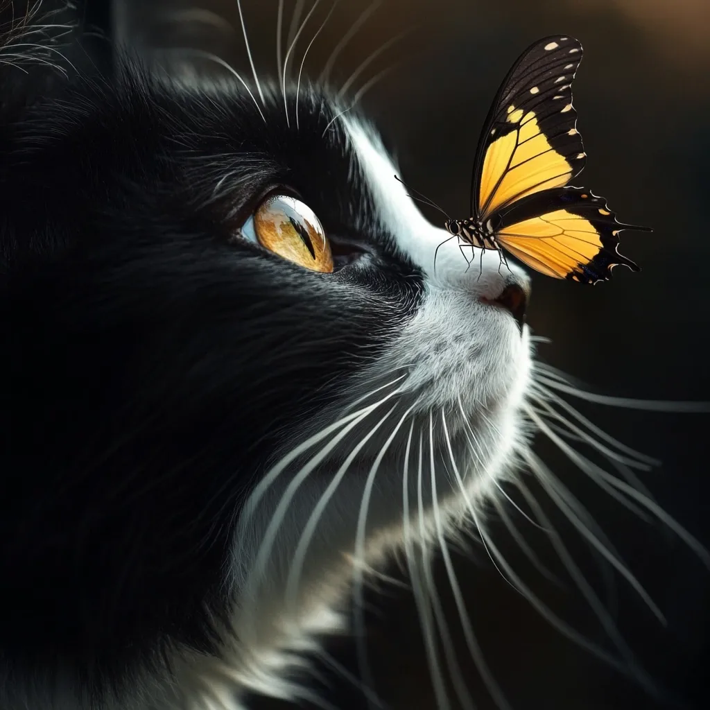Here's a description of the image:

Close-up view of a black and white cat's profile, its gaze directed upward towards a vibrant yellow and black butterfly. The cat's fur is meticulously detailed, showcasing its dark black and contrasting white markings. Its golden eyes are prominent, reflecting light.  The butterfly, positioned near the cat's nose, is sharply in focus, exhibiting its intricate wing patterns. The background is dark and blurred, drawing focus solely to the cat and butterfly. The overall mood is serene and evokes a sense of curiosity and delicate interaction between the two creatures.