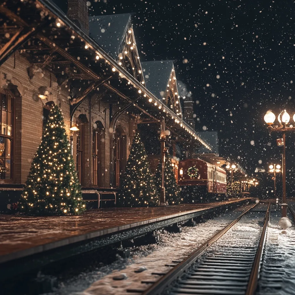 A snow-covered train station glows warmly under a falling snow.  Two festively lit Christmas trees stand sentinel on the platform, their lights twinkling against the backdrop of a vintage train. String lights illuminate the aged brick building, creating a magical, nostalgic Christmas scene. The railway tracks stretch into the softly falling snow, adding to the romantic winter atmosphere.  The overall feeling is one of cozy, peaceful Christmas magic.