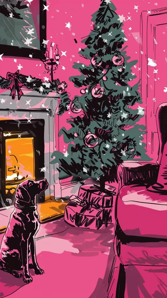A stylized illustration depicts a cozy Christmas scene. A dark-colored dog sits attentively before a decorated Christmas tree, its ornaments gleaming.  A warm fireplace glows invitingly in the background, casting a soft light.  The room is painted in vibrant pink hues, accented by white sparkles suggesting snowfall. Presents are piled beneath the tree, and a pink armchair sits nearby, completing the festive, somewhat whimsical atmosphere.  The style is expressive and bold, using thick lines and saturated colors.