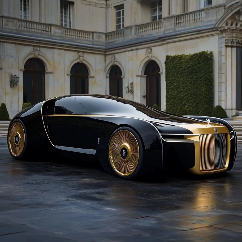 A sleek, black Rolls-Royce concept car, accented with gold detailing, is parked in front of an elegant, classical-style building.  The car's futuristic design contrasts beautifully with the traditional architecture.  The glossy black paint and gold rims reflect the surroundings, creating a sense of luxury and opulence. The image showcases a harmonious blend of modern design and timeless elegance.