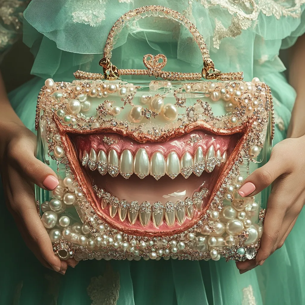A woman's hands delicately hold a unique handbag.  The bag is a clear acrylic box adorned with numerous pearls and crystals, creating a lavish, ornate design.  The striking centerpiece is a meticulously crafted set of teeth, seemingly made of resin or plastic, positioned as a grinning mouth. The overall effect is both luxurious and unsettling, a blend of high fashion and macabre artistry. The bag is held against a flowing, mint-green dress.