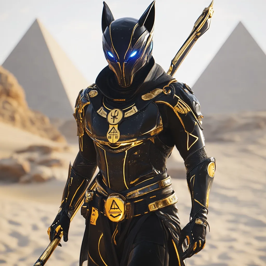 Here's a description of the image:

The image showcases a figure clad in sleek, black armor accented with gold detailing, reminiscent of ancient Egyptian aesthetics. The armor features a jackal-headed helmet with glowing blue eyes, further emphasizing the Egyptian theme. The figure wields a long staff, also with gold embellishments.  The backdrop depicts a sandy desert landscape with two pyramids in the distance, enhancing the overall Egyptian-inspired setting. The overall visual style suggests a futuristic or fantasy interpretation of ancient Egyptian warriors.