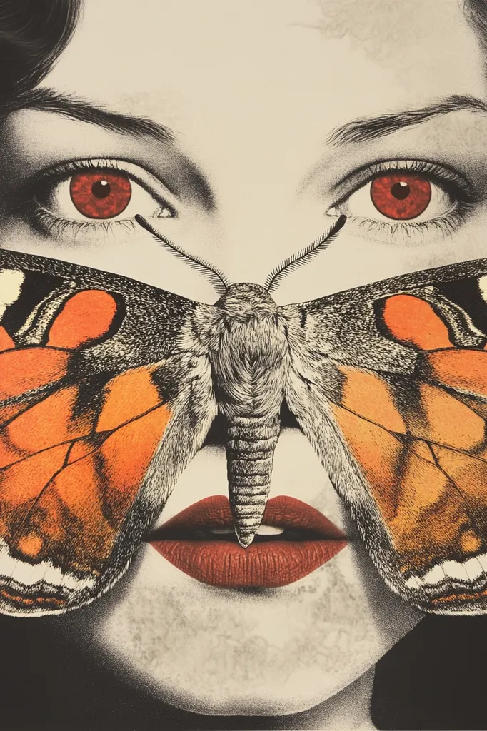 Here's a description of the image:

The artwork features a close-up of a woman's face, rendered in a style that blends realism with surrealism. Her eyes, a striking red, are the focal point, framed by delicately drawn eyebrows and lashes. A large, intricately detailed moth, with vibrant orange and black markings, dominates the central portion of the image, its body covering the woman's nose and mouth. The moth's proboscis appears to rest on her lips, which are painted a deep reddish-brown. The overall color palette is muted, with the moth's bright colors offering a stark contrast. The background is a subtle textured off-white, adding depth to the piece. The style suggests a blend of printmaking techniques, possibly silkscreen or etching, giving it a slightly grainy texture. The overall effect is both captivating and unsettling, hinting at themes of transformation and duality.