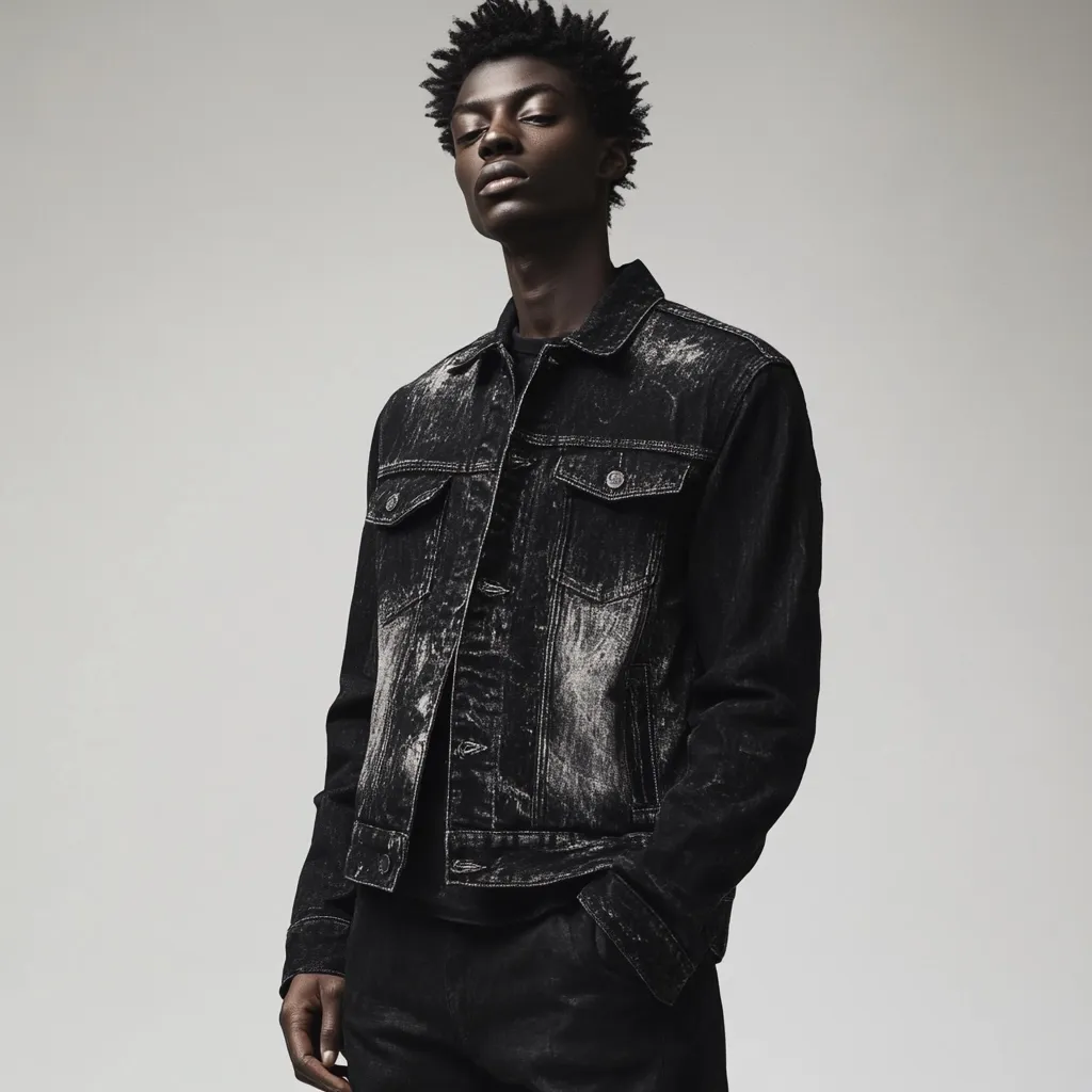 A young Black man with short, dark, curly hair models a black acid-wash denim jacket. The jacket is a classic style with button closure and chest pockets. He's wearing it over a black shirt and black pants, creating a monochromatic look.  His expression is serious and somewhat pensive, against a plain light grey background. The overall image is stylish and emphasizes the texture of the distressed denim.
