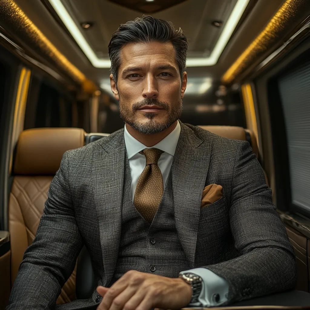 Here's a description of the image:

The photograph shows a sharply dressed man seated in a luxurious vehicle. He wears a dark grey three-piece suit with a subtle textured pattern, a crisp white shirt, and a rich brown tie with small, repeating dots.  His dark hair is neatly styled, and he has a well-groomed beard and mustache. He appears confident and composed, gazing directly at the camera. The vehicle's interior is opulent, featuring tan leather seating and ambient lighting, emphasizing the man's sophisticated attire and high-end surroundings. The overall mood is one of wealth and success.