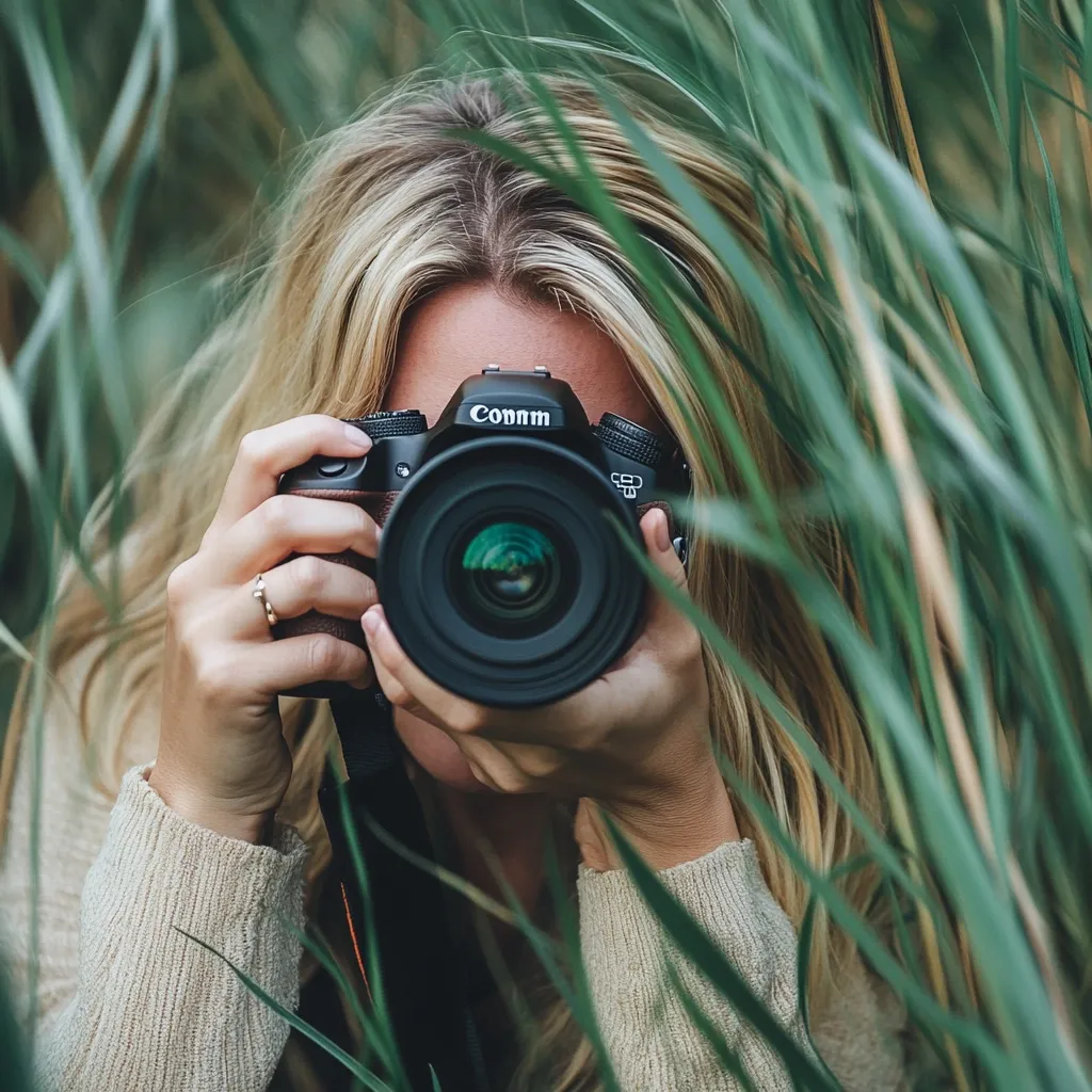 A blonde woman, partially hidden behind tall green grasses, holds a Canon DSLR camera to her face.  Her hands gently grip the camera, her face obscured but visible between the lens and her hair. She's wearing a light beige sweater. The focus is on the camera and her hands, creating a sense of mystery and anticipation, hinting at a moment of capturing a photograph in nature.