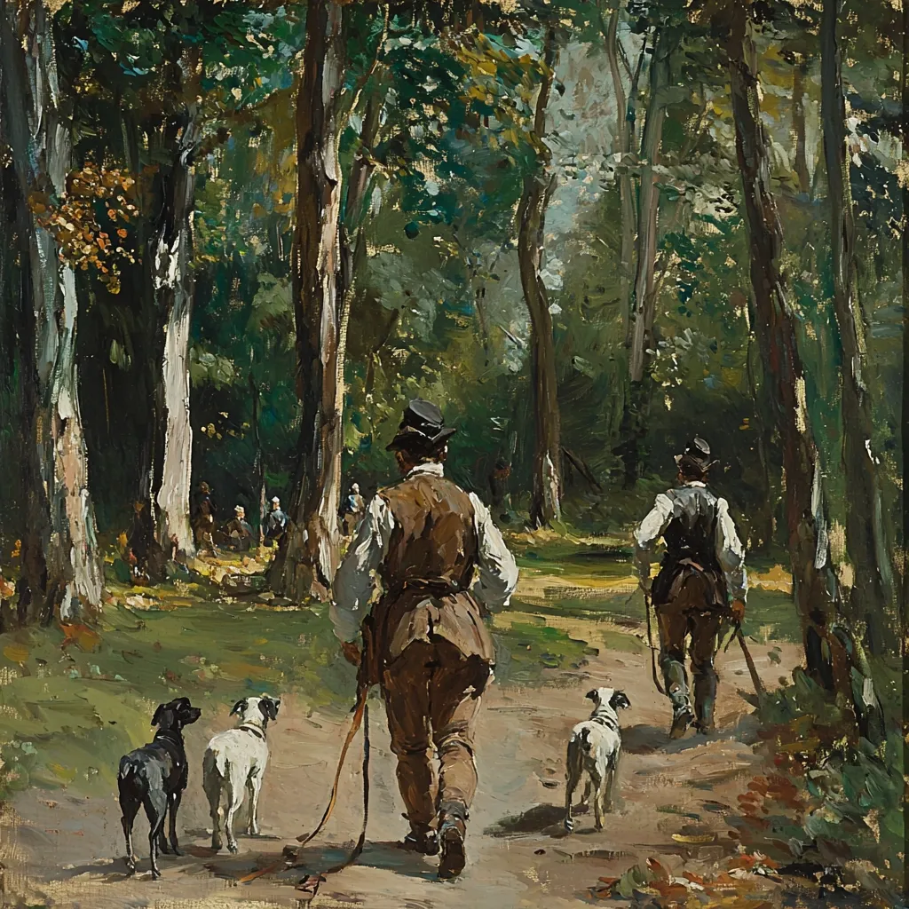 The painting depicts two hunters walking away from the viewer down a forest path.  Their backs are to us, and they are accompanied by three dogs: a black one and two white and brown ones.  The path is lightly shaded, and in the background, a group of people are gathered under the trees, suggesting a hunting party or gathering.  The style is Impressionistic, with loose brushstrokes capturing the light and atmosphere of the woodland scene. The overall mood is tranquil and evocative of a countryside hunt.