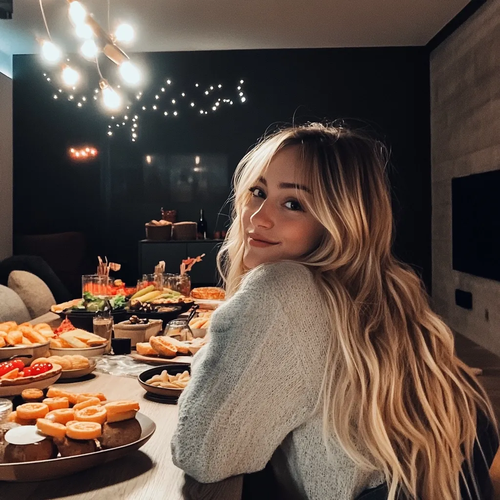 A young woman with long, blonde, wavy hair sits at a long table laden with a variety of food.  She's wearing a light grey sweater and looks over her shoulder with a soft smile. The setting is warm and inviting, illuminated by a hanging light fixture and string lights.  The background features a dark wall and a flat-screen television, suggesting a modern, comfortable home environment.  The overall mood is cozy and celebratory.