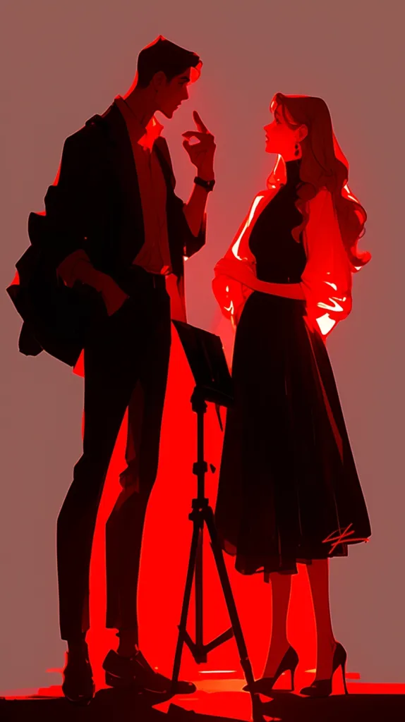 Here's a description of the image:

The illustration showcases a stylish couple bathed in dramatic red light. The man, sharply dressed in a suit, stands slightly behind the woman, his hand gesturing towards her. She's elegantly attired in a short, dark dress, her hair flowing. The backdrop is a muted reddish-brown, contrasting with their vibrant silhouettes. A tripod, possibly holding a camera or light, is subtly positioned between them, adding to the photo-shoot ambiance. The overall style is a modern, minimalist depiction of romance, emphasizing silhouettes and bold color.