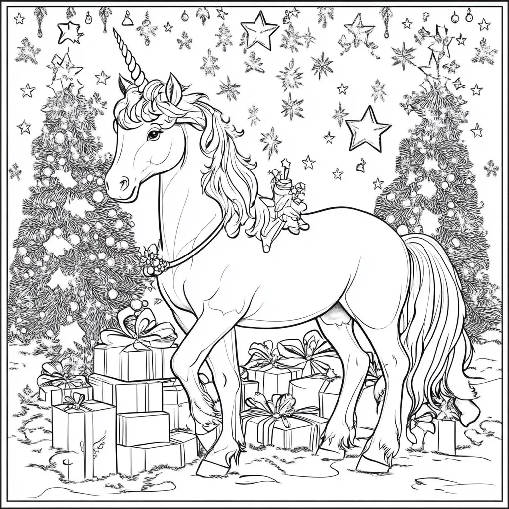 Here's a description of the image:

The black and white illustration depicts a unicorn standing amidst a festive Christmas scene.  It's surrounded by several presents, and two decorated Christmas trees flank it.  Snowflakes and stars adorn the background, creating a whimsical winter wonderland. A small, gift-wrapped package sits on the unicorn's back. The unicorn is depicted in detailed line art, showcasing its flowing mane and tail. The overall style suggests a coloring book page or a design for a holiday card.
