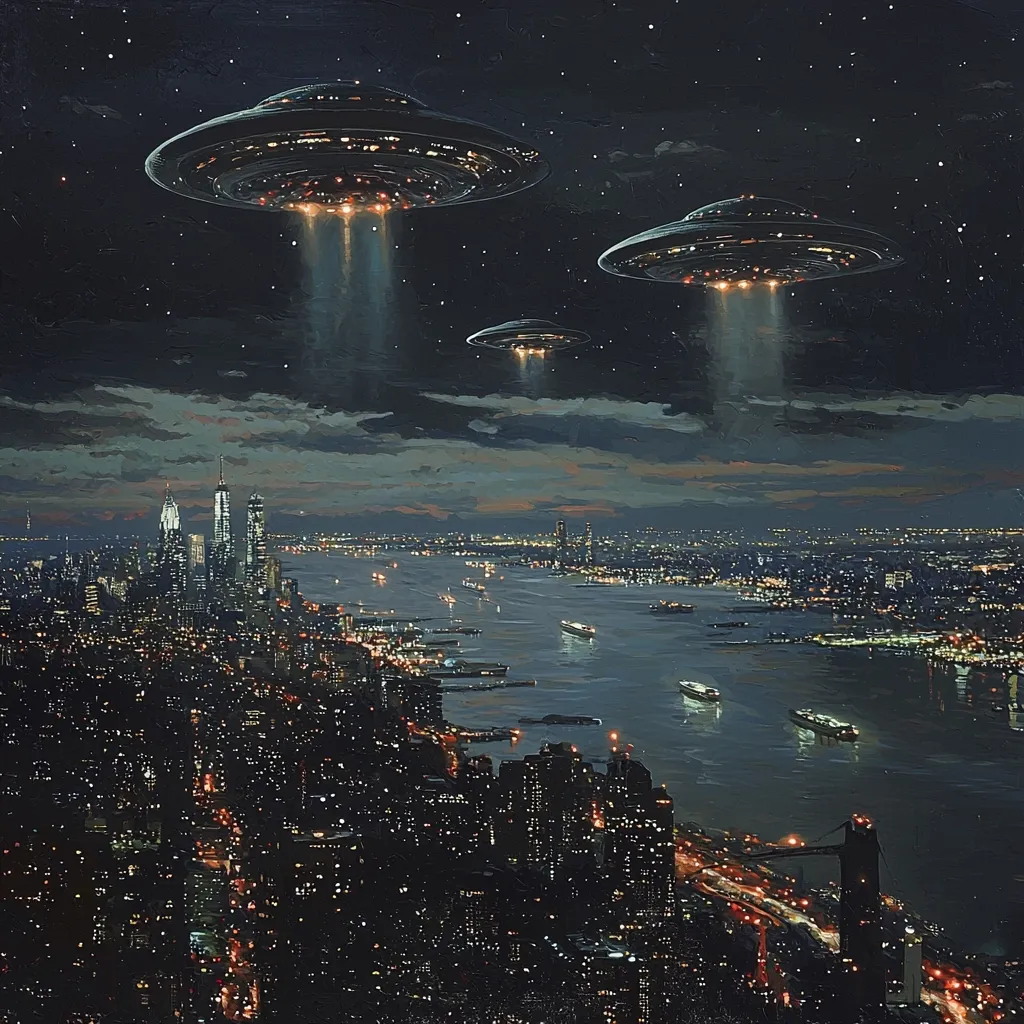 Three unidentified flying objects hover silently over a nighttime cityscape, possibly New York City.  The largest UFO dominates the scene, its lights illuminating the dark sky and casting beams downward. Smaller craft are visible above the city skyline, which stretches along a river, its lights twinkling below.  The overall mood is one of mystery and awe, a dramatic juxtaposition of the futuristic and the urban.  The dark, starlit sky adds to the suspenseful atmosphere.