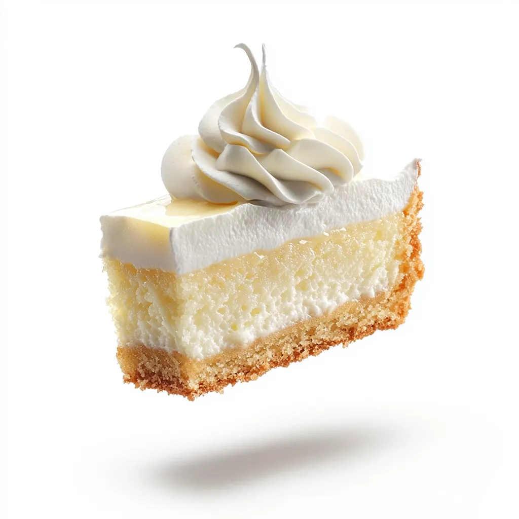 Here's a description of the image:

A slice of creamy, lemon-flavored cheesecake floats against a stark white background.  The cheesecake features a light yellow custard filling layered beneath a thick blanket of whipped cream, which is artfully swirled into a peak.  The crust is a light golden brown, visible at the bottom and sides of the slice. The overall presentation is clean, bright, and evokes a feeling of lightness and sweetness.  The image is sharply focused, highlighting the texture of the dessert.