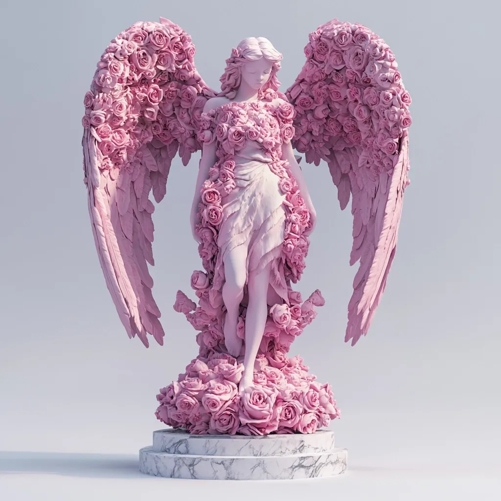 Here is a description of the image:

The image shows a sculpted angel, rendered in a soft pink hue. The angel's wings and dress are intricately detailed with numerous sculpted roses. The angel's pose is serene, her head slightly bowed. The statue stands on a base of additional roses atop a marble pedestal, enhancing the overall impression of delicacy and beauty. The background is a simple, off-white, providing a clean contrast to the pink sculpture. The overall style is romantic and ethereal, suggesting themes of love, peace, and possibly femininity.