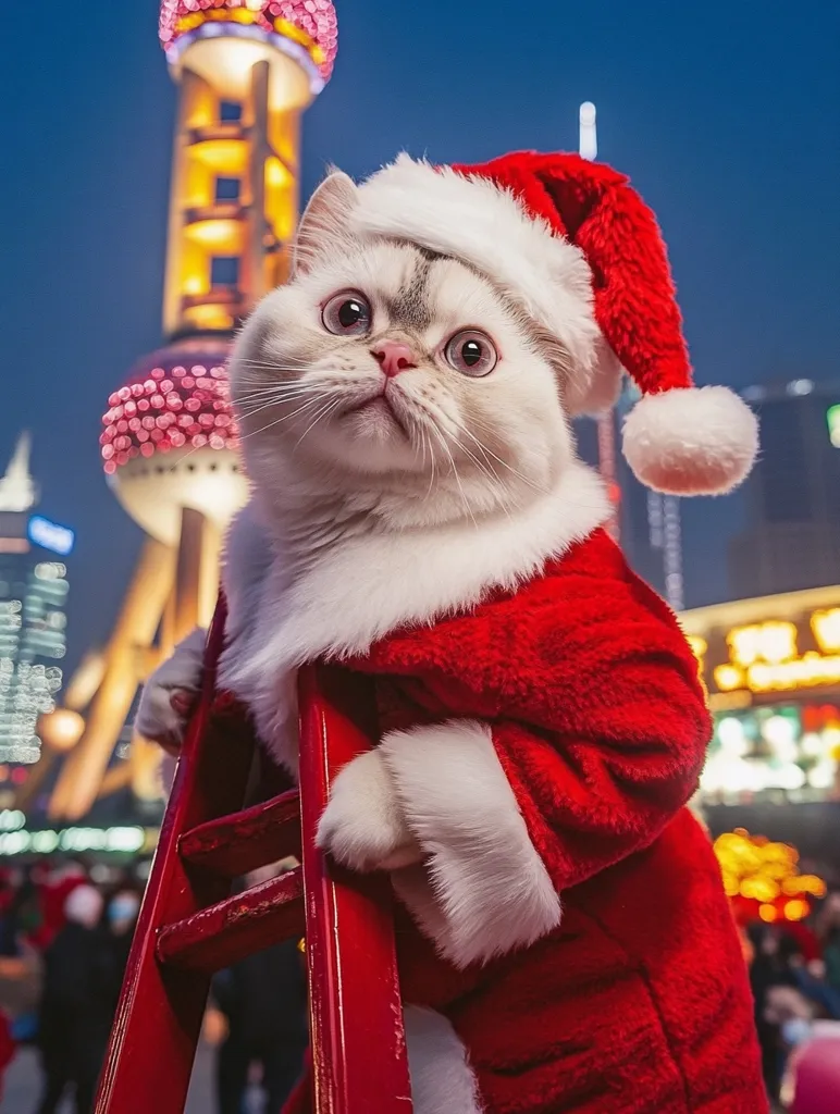Here is a description of the image:

A fluffy white cat, wearing a Santa Claus costume, is the focal point of this festive image.  The cat's wide, curious eyes are striking against the bright red of its outfit and the soft white fur trim. It's perched on a red stepladder, set against a backdrop of a brightly lit cityscape at night. A tall, illuminated tower is visible in the background, adding to the city's Christmas ambiance. The overall atmosphere is cheerful and whimsical, perfect for a holiday greeting card.