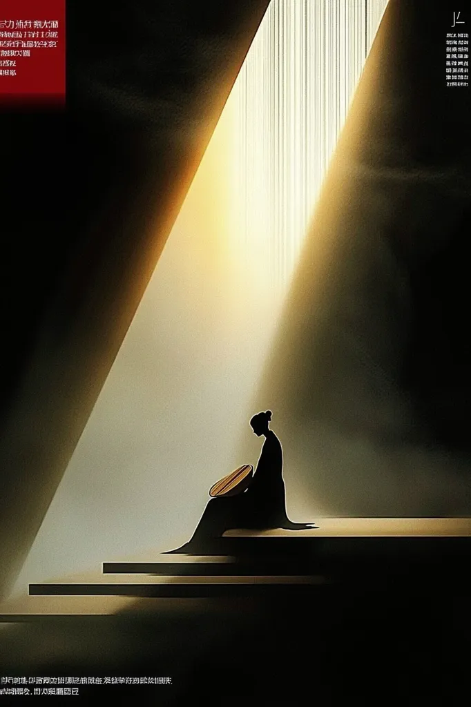 Here is a description of the image:

The image is a stylized artwork featuring a silhouetted woman seated on steps, cradling a circular object in her lap.  She is positioned within a stark, geometric space defined by converging dark walls and a bright, vertical shaft of light. The light source creates a dramatic contrast, illuminating the woman and her surroundings, while the rest of the scene is shrouded in shadow. The overall mood is contemplative and serene, with a sense of mystery and quiet dignity. The style suggests a blend of minimalist design and traditional Asian aesthetics.  The text is predominantly in a language other than English.