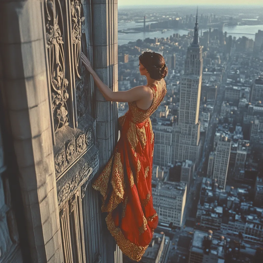 A woman in a long, red, gold-embroidered gown clings to the ornate stone facade of a skyscraper.  She gazes out over a sprawling cityscape, the Empire State Building prominent in the distance. The image evokes a sense of daring and elegance, juxtaposing the grandeur of the city with the woman's precarious position.  The setting sun casts a warm glow on the scene, highlighting the intricate details of both the architecture and the dress.