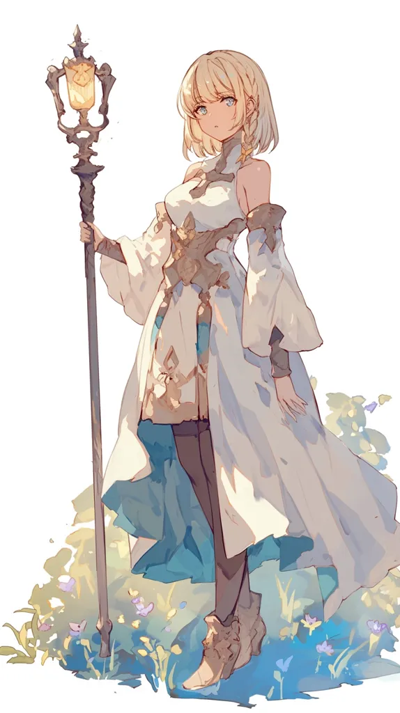Here's a description of the image:

The illustration depicts a young anime-style woman with blonde, shoulder-length hair. She's dressed in a flowing, light-colored robe with blue accents, layered over what seems to be a shorter, intricately designed dress.  She holds a tall, ornate staff topped with a glowing, lantern-like element. The woman's expression is serene yet slightly melancholic.  She stands amidst stylized wildflowers and grass, painted with a soft, dreamy color palette.  The overall style is painterly and whimsical, suggestive of fantasy or folklore.