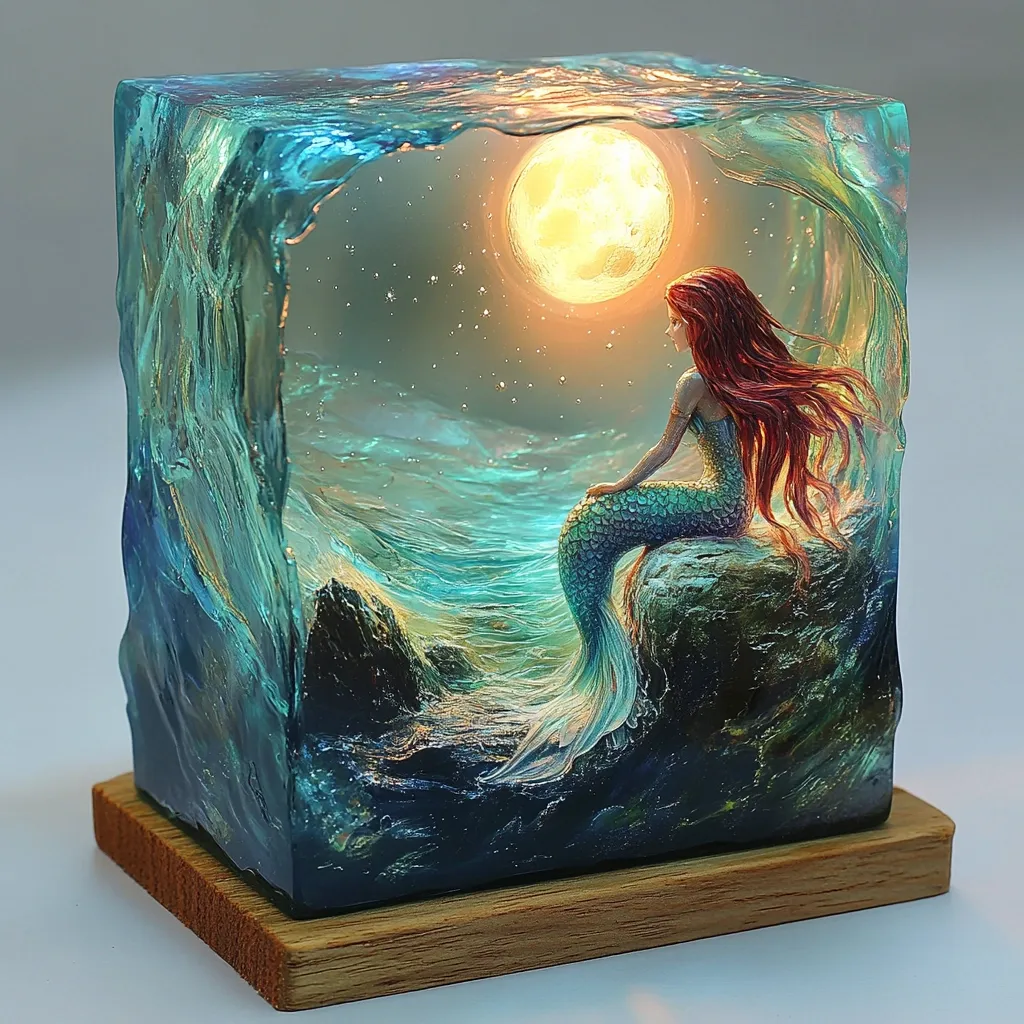 A captivating resin cube art piece depicts a mermaid with flowing red hair sitting on a rock, gazing at a large, illuminated moon in a night sea.  The cube's resin sides simulate ocean waves, creating a three-dimensional effect. The scene is serene and magical, with subtle details like sparkling stars and textured water.  The cube rests on a simple wooden base, enhancing its ethereal beauty.  The artwork's skillful blend of painting and resin casting creates a unique and enchanting piece.