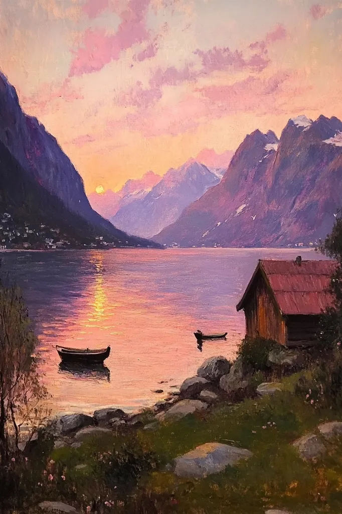 Here's a description of the image:

The painting depicts a serene sunset over a fjord, nestled between majestic mountains.  The sky is a soft blend of pinks and oranges, reflecting beautifully on the calm water. Two small boats are gently bobbing in the still water, near a rustic wooden cabin situated on the shore amongst rocks and sparse vegetation. The mountains, showing hints of snow, rise dramatically in the background, creating a peaceful yet awe-inspiring landscape. The overall mood is one of tranquility and natural beauty.