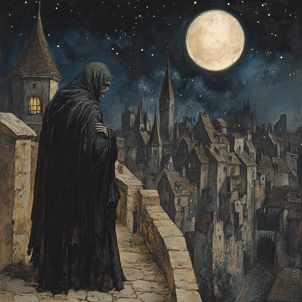 The painting depicts a cloaked figure, possibly Death, standing on a high wall overlooking a medieval town at night.  The figure is shrouded in dark robes, their skeletal face partially visible. A large, bright moon illuminates the scene, casting long shadows across the densely packed buildings below. The starry sky and the overall palette create a somber, atmospheric mood, suggesting a sense of mystery and foreboding.  The contrast between the solitary figure and the bustling city below emphasizes a feeling of isolation and impending doom.