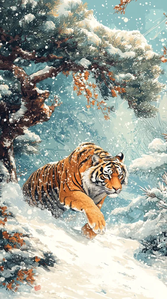 A majestic Siberian tiger strides through a snow-laden landscape.  Its orange and black stripes contrast sharply against the white snow.  The tiger moves purposefully, its paws partially obscured by the falling snow.  A snow-covered pine tree dominates the background, adding to the wintry scene.  The overall style evokes a sense of serene power and natural beauty, reminiscent of East Asian art.  Light snow falls softly, creating a peaceful yet dramatic atmosphere.